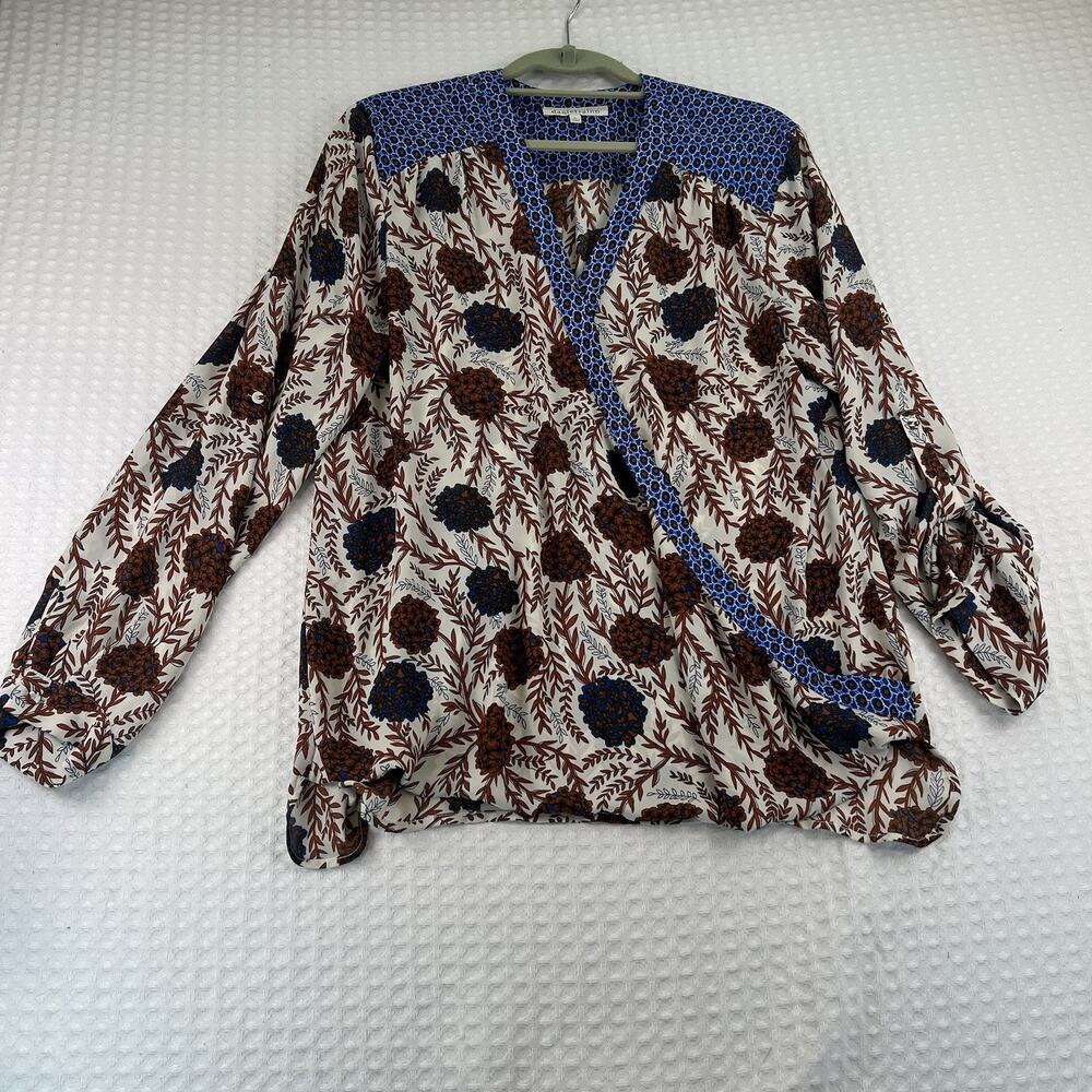 Floral Wrap-Style Long Sleeve Top - Blue & Brown